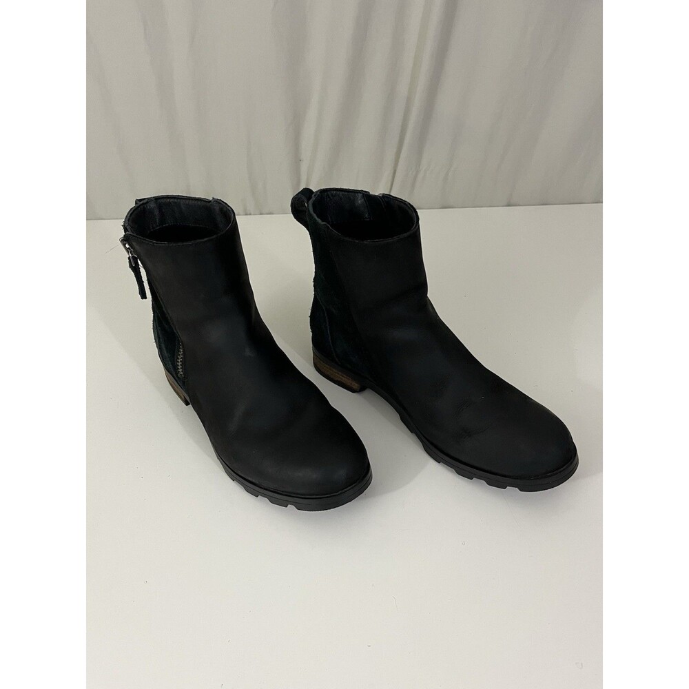 Sorel Emelie Boots Women's 6.5 Black Nubuck Suede Waterproof Zip Lug Booties